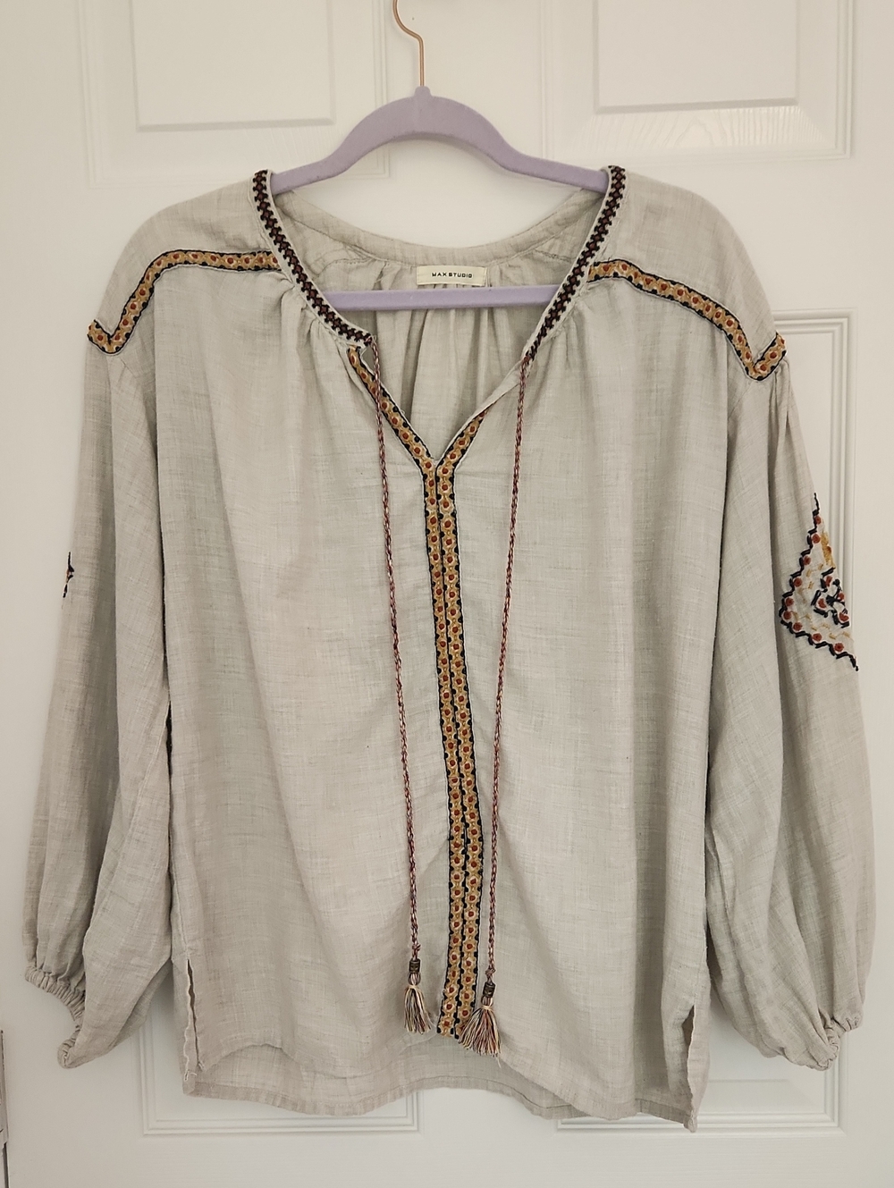 Boho Cottagecore Prairie Fall Max Studio Cream Embroidered Peasant Blouse